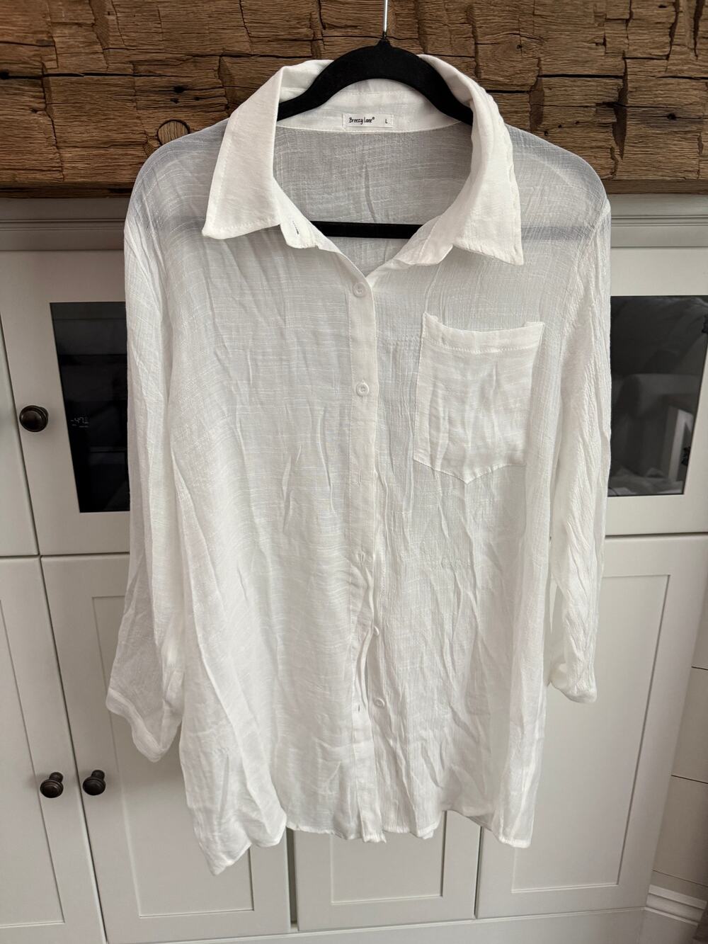 Breezy Lane White Button Down Beach Cover Up Shirt Womens L Sheer Oversized Boho